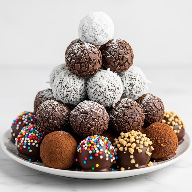 A pyramid of chocolate truffles is arranged on a white plate, placed on a white marbled surface. The pyramid has about four layers, with the bottom layer showing truffles covered in smooth dark chocolate with colorful sprinkles, rich brown cocoa powder, and small crunchy bits. The middle layers have truffles coated in cracked dark chocolate, powdered sugar, and shredded white coconut flakes. At the very top is a single truffle dusted heavily with powdered sugar, standing out with a white and dark brown contrast. The overall look is rich, textured, and inviting, with varying shades of brown, white, and bright sprinkles. photo taken with an iphone --ar 4:5 --v 7
