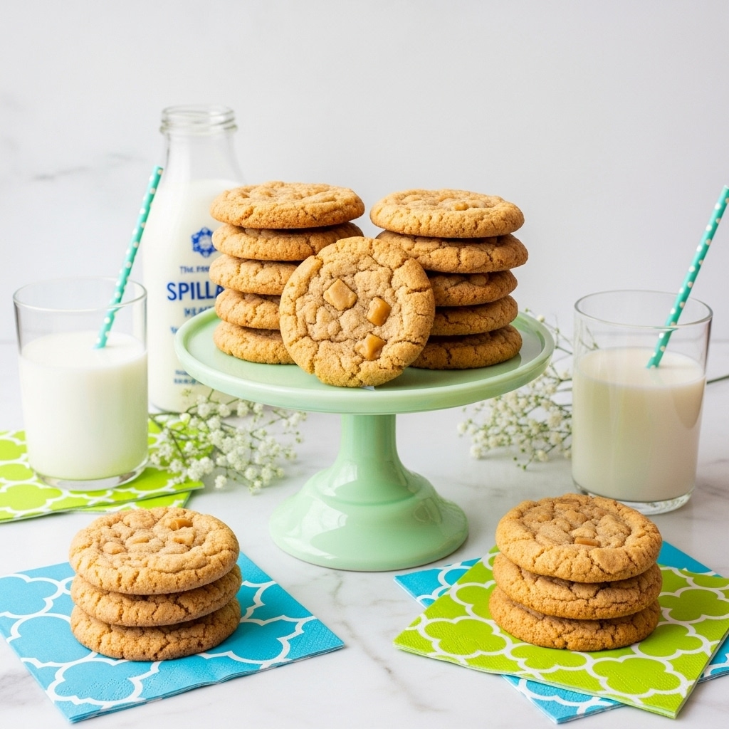 A light green cake stand holds three stacks of golden brown cookies, each stack containing about five cookies, with one cookie lying flat in front; the cookies have a slightly crumbly texture with visible small chunks. To the left and right of the stand are clear glasses filled with white milk, each with two teal straws that have white polka dots. In front of the stand, two stacks of three cookies each rest on bright green and blue patterned napkins. Behind the stand is a white milk bottle with a blue and green label, and a small cluster of white flowers lies next to it. The whole setup is on a white marbled surface with a white background. photo taken with an iphone --ar 4:5 --v 7