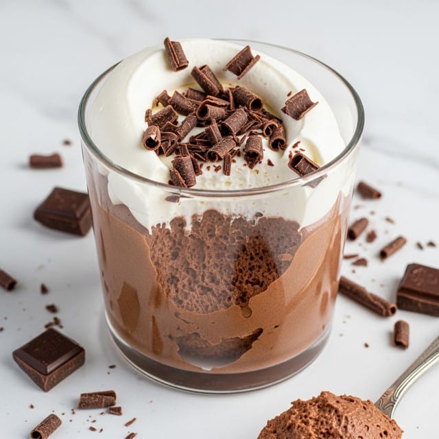 A clear glass cup contains a rich, thick chocolate mousse filling almost to the top. On the surface, there is a layer of fluffy white whipped cream, softly curved and slightly imperfect. Scattered on top of the whipped cream are dark brown, curled chocolate shavings, adding texture and contrast. The mousse's texture looks smooth yet dense, with a scoop taken out showing the creamy interior. Around the glass on the white marbled surface are a few small pieces of dark chocolate and chocolate shavings, enhancing the chocolate theme. Photo taken with an iphone --ar 4:5 --v 7