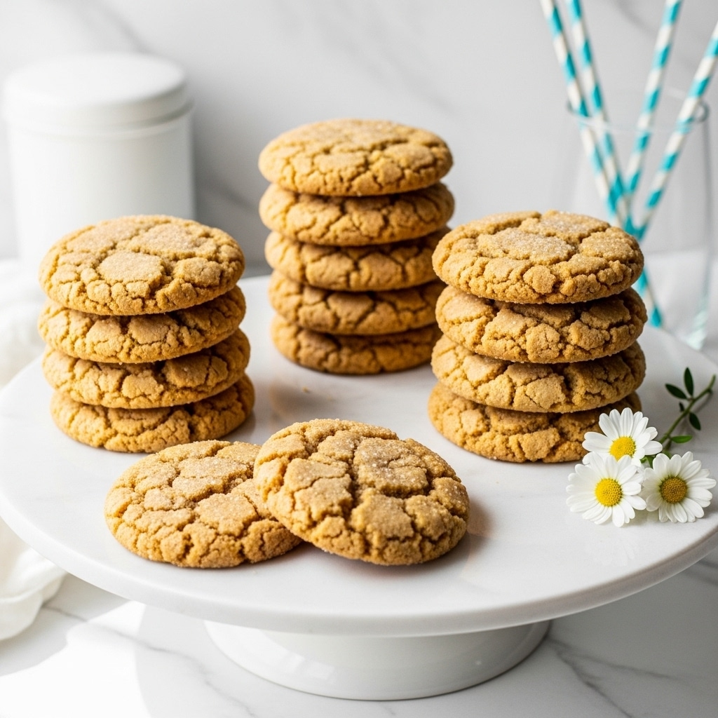 Several stacks of golden-brown cookies with a cracked texture sit on a round white cake stand. There are two stacks with multiple cookies each and two individual cookies placed near the front. The cookies have a rough, crumbly surface with light sugar sprinkled on top, showing a slightly uneven, homemade look. On the right side of the stand, there are a few small white flowers for decoration. The background is a white marbled texture with soft light coming from the left side. A white container is visible in the background along with blue striped straws in clear glasses. Photo taken with an iphone --ar 4:5 --v 7