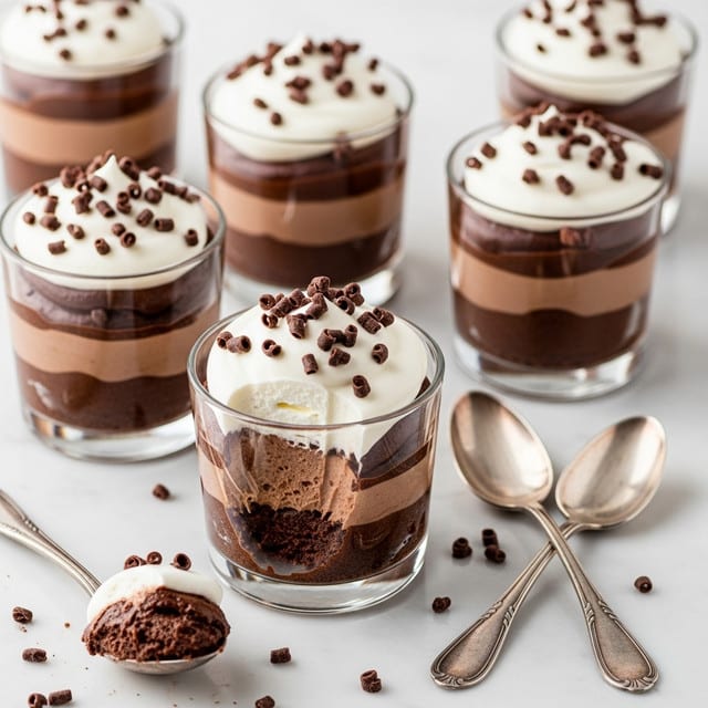 There are six clear glass cups filled with three visible layers: a thick dark brown chocolate mousse at the bottom, a dense lighter brown chocolate mousse in the middle, and a generous dollop of white whipped cream on top. The whipped cream is sprinkled with small, curly dark chocolate shavings. One cup in the front left has a spoon scoop taken out, showing the mousse layers inside. The cups sit on a white marbled surface next to three vintage silver spoons, with some chocolate shavings scattered around. photo taken with an iphone --ar 4:5 --v 7