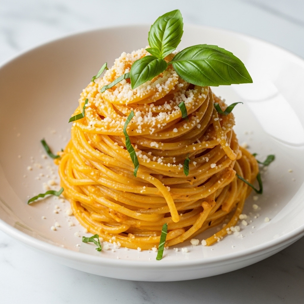 A nest of spaghetti pasta with a creamy orange sauce tightly wrapped in one pile on a white bowl, sprinkled with finely grated white cheese and small green herb pieces scattered over the pasta. A fresh green basil leaf sits on top, adding a contrast in color. The pasta looks smooth and coated evenly with the sauce. The bowl rests on a table with a white marbled texture, giving a clean and bright look to the image. photo taken with an iphone --ar 4:5 --v 7