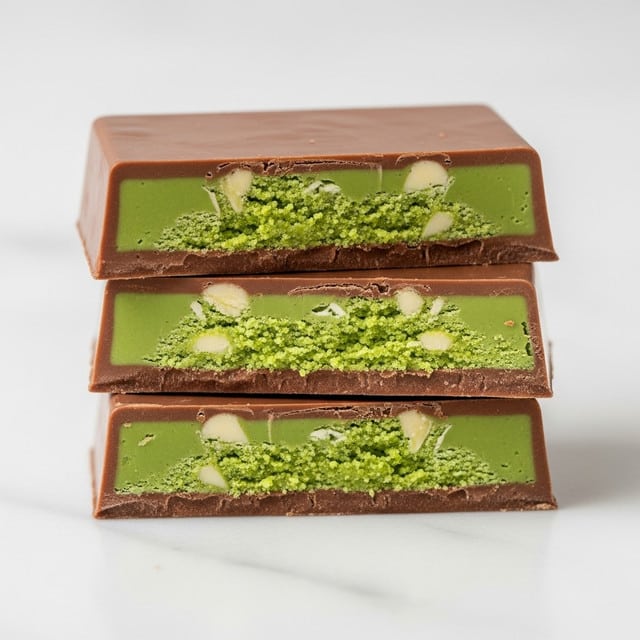 The image shows three thick rectangular pieces of chocolate stacked on top of each other on a white marbled surface. Each piece has two smooth milk chocolate layers on the top and bottom with a green, textured filling in the middle that looks soft and slightly crumbly. The green filling has small light-colored bits scattered inside, and there are thin patches of lighter green on the top chocolate layer. The chocolate has clean edges, and the overall look is rich and dense. photo taken with an iphone --ar 4:5 --v 7