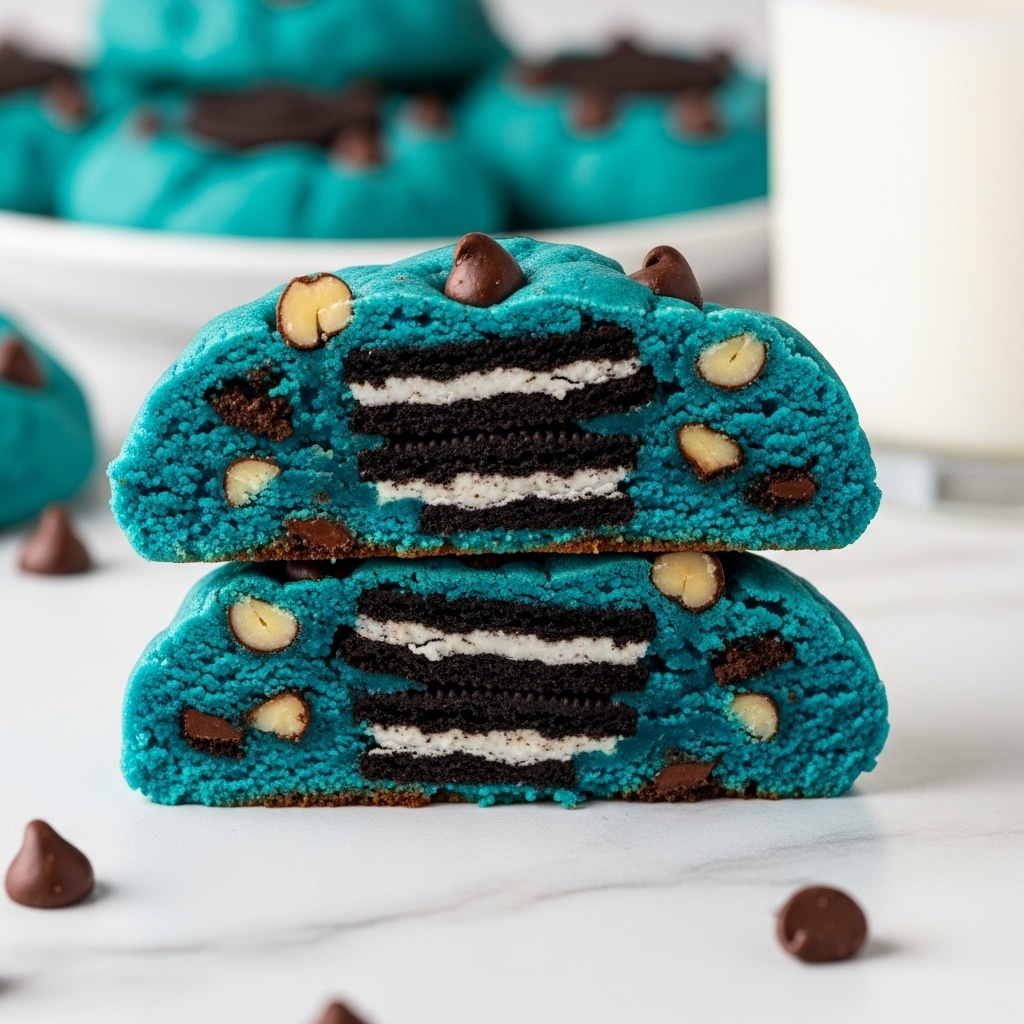 A stack of three thick, vibrant blue cookies sits on a white marbled surface, with the top cookie broken in half to show the inside layers. Each cookie is studded with edible bits including mini chocolate chip cookie pieces, dark chocolate chunks, white chocolate chips, and Oreo cookie pieces. The middle cookie half reveals a black and white Oreo center surrounded by the blue dough with a rough but soft texture. Scattered mini chocolate chips and cookie pieces lie near the stack, and a blurred glass bottle of milk stands in the background. photo taken with an iphone --ar 4:5 --v 7