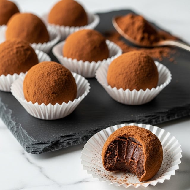 A close-up view of several small chocolate truffles, each coated in a light brown cocoa powder, arranged on a dark slate board placed on a white marbled surface. The truffles are round with a rough texture from the cocoa dusting. Most truffles sit inside white paper cups with ruffled edges, and one truffle in the foreground shows a bite taken out, revealing a glossy dark chocolate center with a slightly rough texture. In the background, a small pile of loose cocoa powder and a spoon rest on the slate, adding a rustic touch. The scene is softly lit, emphasizing the rich browns and contrasting textures. photo taken with an iphone --ar 4:5 --v 7
