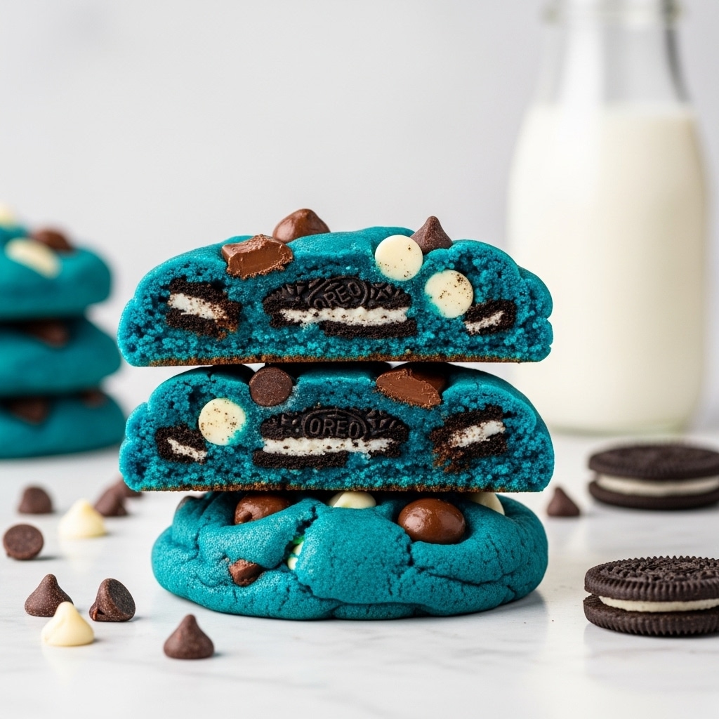 The image shows a close-up of a blue cookie broken in half, revealing three black and white Oreo cookie layers inside. The blue cookie dough is mixed with chocolate chips and nuts, giving it a chunky texture, and the Oreos are embedded evenly in the blue dough. The cookie pieces lie on a white marbled surface with a blurred white plate holding more blue cookies visible in the background. There is also a glass of milk on the right side. photo taken with an iphone --ar 4:5 --v 7