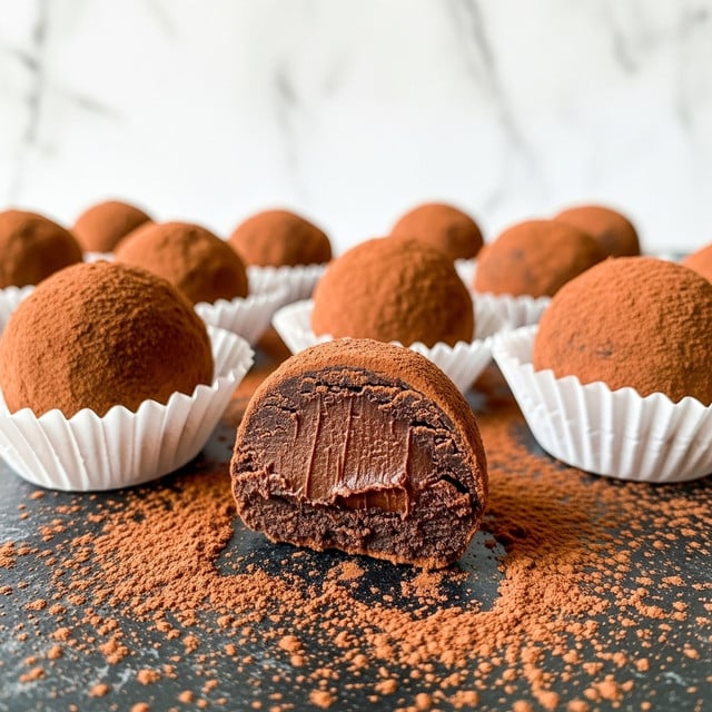 The image shows round chocolate truffles covered in a dry brown cocoa powder layer, arranged on a dark textured surface with loose cocoa powder scattered around. Some truffles sit inside white paper cups, while the focus is on a half-cut truffle at the front, revealing a dark brown, smooth, creamy filling inside its cocoa powder shell. The background has a soft white marbled texture. photo taken with an iphone --ar 4:5 --v 7