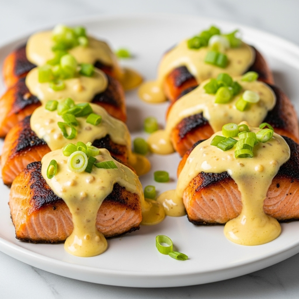 A white plate is filled with two rows of seared salmon pieces, each piece showing a slightly charred, golden-brown crust on top and pink-orange flesh underneath. Each salmon piece is topped with a thick, shiny yellow sauce that drips down the sides and pools lightly on the plate, with small specks visible within the sauce. Bright green chopped scallions are sprinkled generously over the sauce, adding a fresh pop of color. The plate sits on a white marbled textured surface, and the close-up shot highlights the juicy texture of the salmon and the creamy sauce with a soft focus in the background. photo taken with an iphone --ar 4:5 --v 7