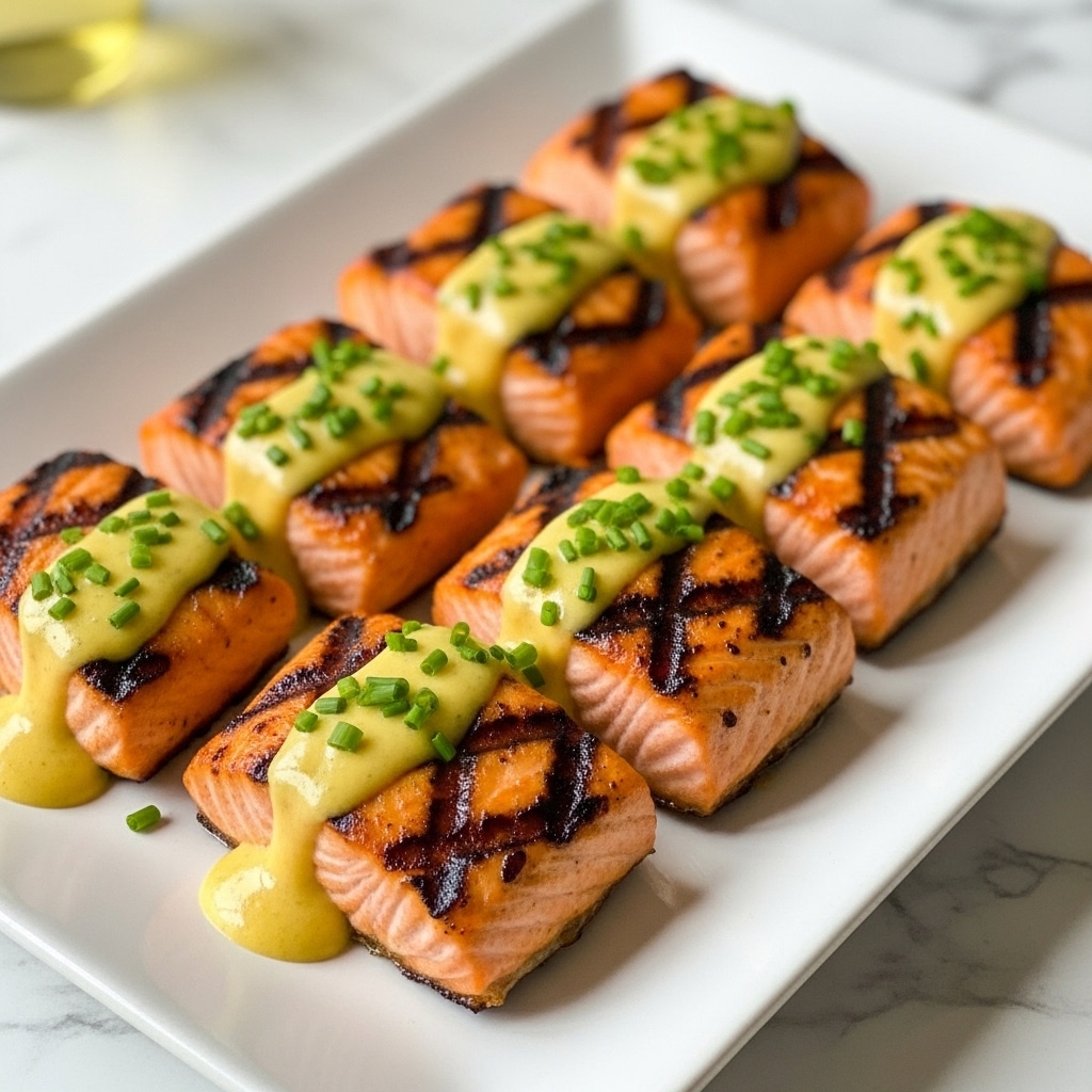 A white rectangular plate holds seven pieces of grilled salmon, each showing clear grill marks with a crispy, slightly charred surface. The salmon is a rich orange-pink, tender in texture, and flaky inside. A thick golden-yellow sauce is drizzled over the salmon pieces, pooling slightly around the base of the plate. Bright green chopped chives are sprinkled generously over the top of the salmon and sauce, adding a fresh contrast in color. The setting features a white marbled texture surface, with soft lighting creating a warm, inviting look. photo taken with an iphone --ar 4:5 --v 7