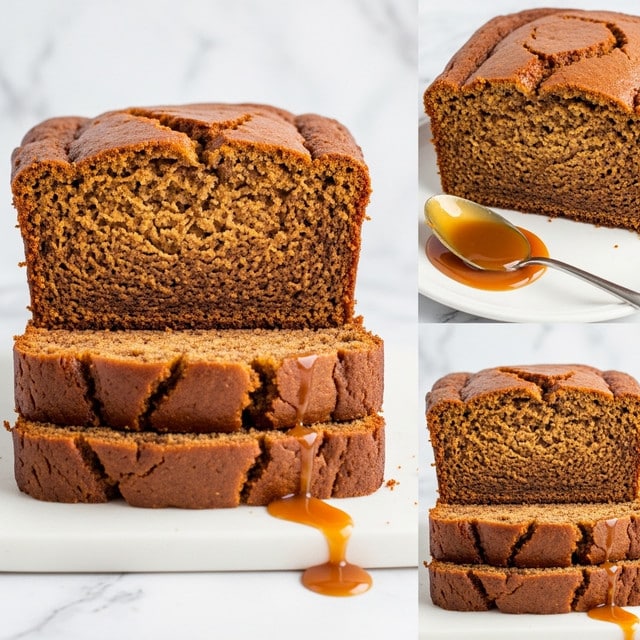 A close-up view of thick slices of caramel macchiato banana bread stacked on a white marbled surface. The bread has a moist texture with a rich, golden brown color throughout, showing a soft crumb inside and a slightly glossy caramel-colored top layer. The top layer appears smooth with a few cracks, and a spoon filled with glossy caramel sauce rests near the bread on a white plate. The background has a clean white marbled texture. photo taken with an iphone --ar 4:5 --v 7