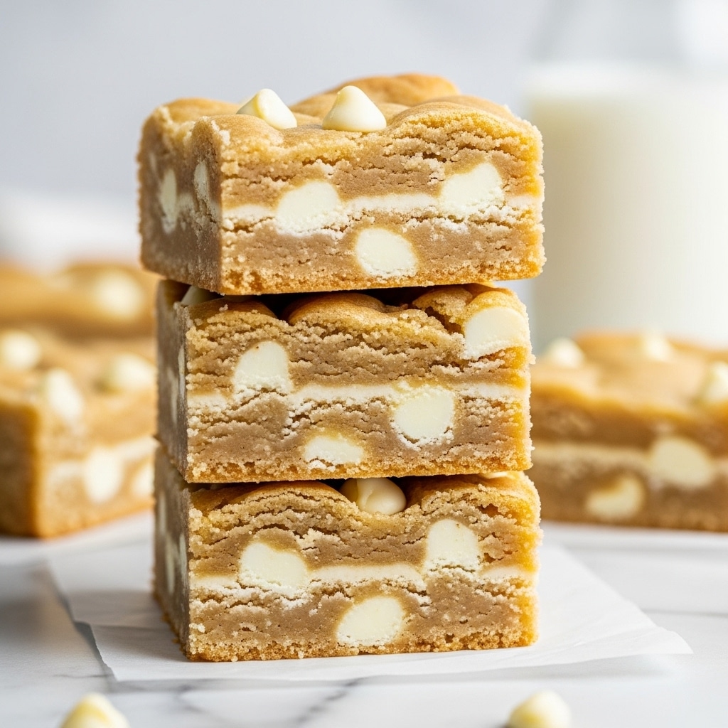 Three thick, square bars of soft blond cookie dough are stacked one on top of the other. Each bar has two visible layers of dough, light golden brown in color, with smooth, creamy white chocolate chips scattered evenly throughout. Between the dough layers are thin, lighter beige strips that look slightly softer and creamier, adding a subtle texture contrast. The bars rest on a piece of white parchment paper on a white marbled surface, with a blurred glass of milk in the background. The close-up image highlights the dense and moist texture of the dessert. photo taken with an iphone --ar 4:5 --v 7