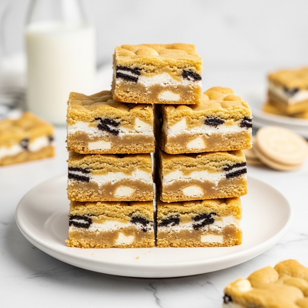 A stack of six square bars arranged in two layers on a white plate, each bar showing three layers of light golden-brown cookie dough with visible chunks of creamy white filling in between, creating a textured look with small cream-colored pieces scattered inside. The bars have a slightly crumbly, soft texture and are set against a white marbled surface with a blurred glass of milk in the background and two light beige sandwich cookies placed nearby. Photo taken with an iphone --ar 4:5 --v 7