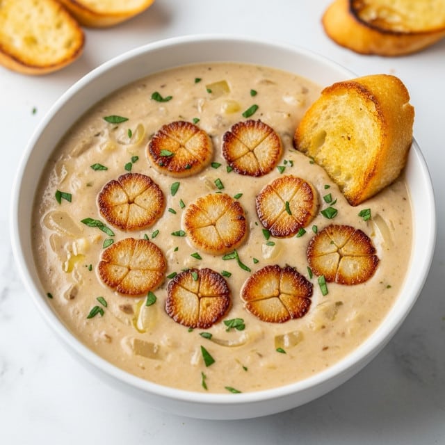 A white bowl filled with creamy soup that has a smooth, pale yellow base with small bits visible inside. On top, there are eight browned, caramelized scallops with a slightly crispy texture, scattered evenly across the soup surface. Small green herb leaves are sprinkled around the scallops, adding contrast. A piece of toasted bread with a golden crust leans on the edge of the bowl. The bowl sits on a soft grey cloth, placed on a white marbled surface. photo taken with an iphone --ar 4:5 --v 7