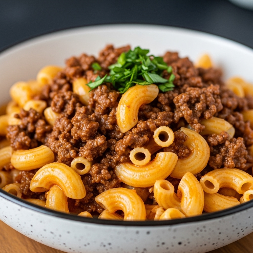 A close-up view of a bowl filled with creamy macaroni and ground beef mixed in a rich, reddish-orange sauce. The macaroni is elbow-shaped with a soft yellow color, and the ground beef is dark brown and crumbly, spread evenly throughout the pasta. On top, there is a small garnish of chopped green herbs adding a touch of color. The bowl is white with a dark speckled rim, sitting on a wooden surface with a blurred dark background. Photo taken with an iphone --ar 4:5 --v 7