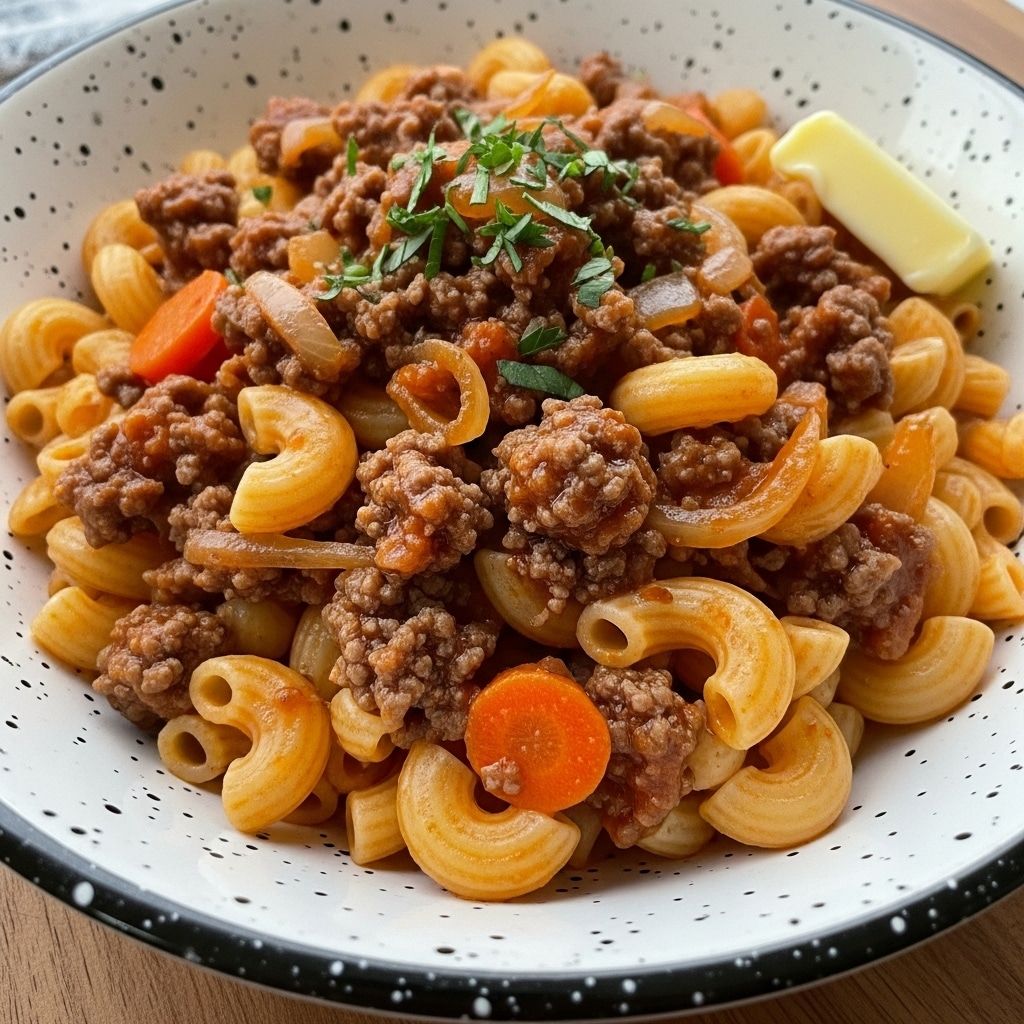 A close-up of a dish in a white bowl with a dark speckled outer edge sitting on a wooden surface, showing one main layer of elbow macaroni pasta cooked and mixed with a thick, glossy reddish-brown meat sauce containing small, crumbled browned ground meat pieces, softened translucent onions, and visible small chunks of orange carrot. On top, there is a small sprinkle of fresh green herbs, and a pale yellow butter pat is placed on the edge inside the bowl. The texture looks rich and saucy, with the pasta glistening nicely. Photo taken with an iphone --ar 4:5 --v 7