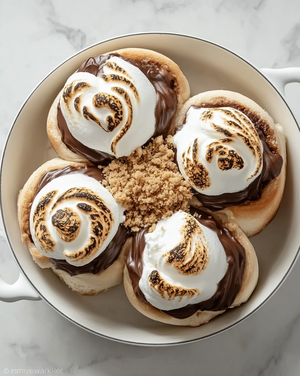 The image shows a white round pan with four soft, lightly browned rolls arranged in a flower shape. Each roll has a smooth, dark chocolate layer inside that looks rich and glossy. On top of each chocolate layer, there is a dollop of toasted white marshmallow with brown swirls from being lightly burned. In the center of the rolls, there is a small pile of light brown crumbly topping. The pan sits on a white marbled surface. photo taken with an iphone --ar 4:5 --v 7