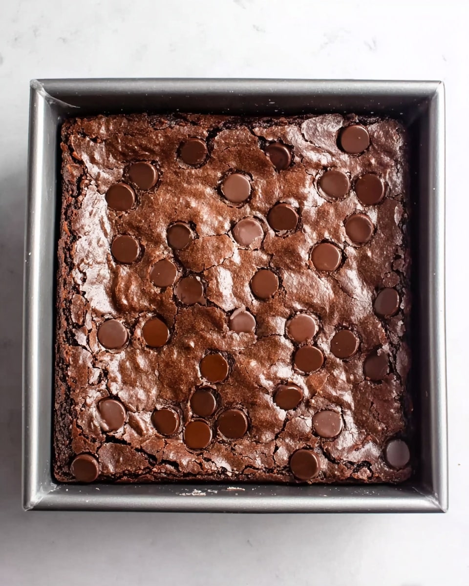 A freshly baked chocolate brownie sits in a square metal baking pan, showing a shiny, cracked top layer with a rich dark brown color. Scattered evenly across the surface are numerous round, glossy chocolate chips sunk slightly into the top layer, adding texture and a darker shade contrast. The brownie edges are slightly raised and firmer than the softer, moist center, and you can see a thin, delicate crust covering the whole top. The pan rests on a white marbled surface that adds light contrast and highlights the deep chocolate tones. photo taken with an iphone --ar 4:5 --v 7