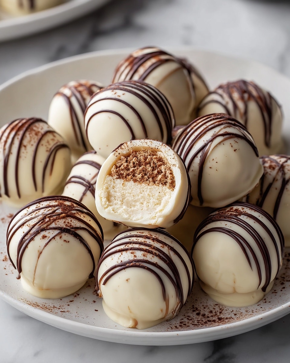 A white round plate holds about ten smooth, round white chocolate balls. Each ball is decorated with thin dark chocolate drizzle lines running from top to bottom. One ball is cut in half and placed on top to reveal a creamy, slightly crumbly white filling inside, with a light dusting of brown cocoa powder on the exposed cream. The plate sits on a white marbled surface, giving a clean and bright background. photo taken with an iphone --ar 4:5 --v 7