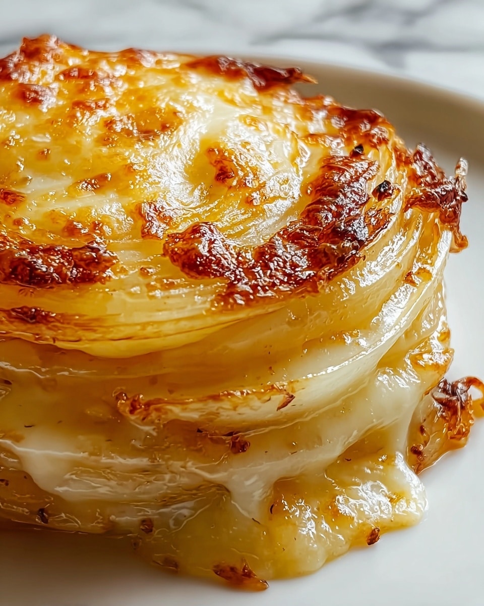 The close-up image shows a dish with multiple layers of thinly sliced onions, each covered in a thick, melted, golden-brown cheese that appears bubbly and slightly crispy on top. The layers of onions are slightly translucent with a soft texture, while the cheese oozes down the sides creating a rich, creamy look with some browned spots adding texture. The dish sits on a white plate with a shiny white marbled surface in the background. photo taken with an iphone --ar 4:5 --v 7