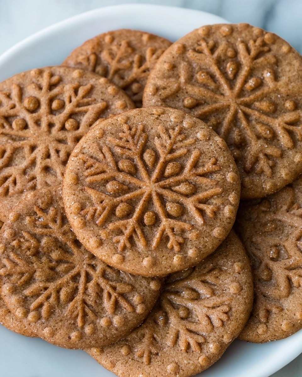 A close-up view of round, brown cookies arranged overlapping on a white plate, each cookie showing a detailed snowflake pattern embossed on top with small dots circling the edge. The cookies have a textured surface with visible spices or sugar grains, giving them a slightly rough look. The plate sits on a white marbled surface. photo taken with an iphone --ar 4:5 --v 7