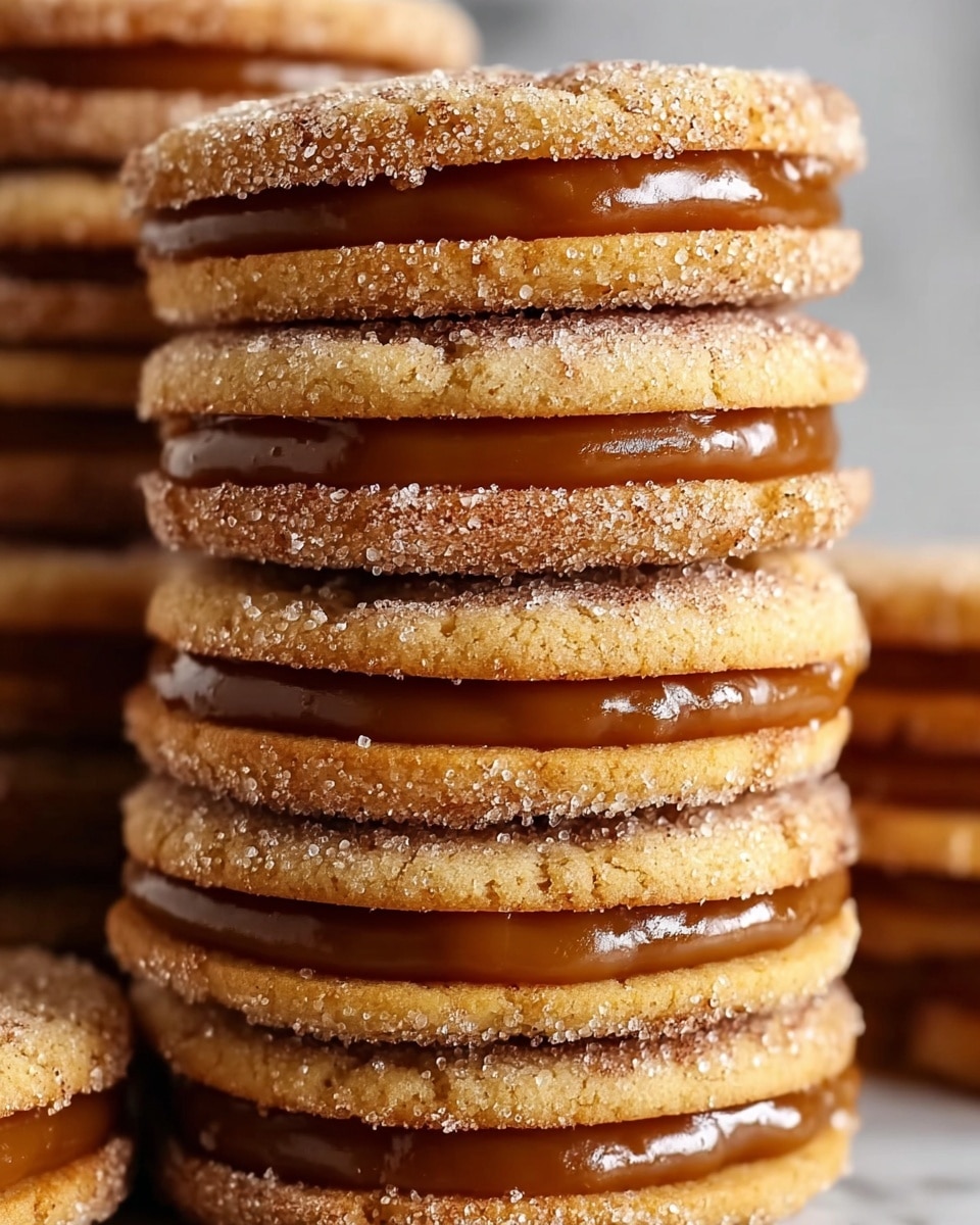 A close-up image of a cookie sandwich held by a woman's hand, showing two rough-textured, round cookies coated in sugar and cinnamon on the outside. Between the cookies is a thick, shiny caramel filling visible in two layered strips, smoothly spreading across the middle. The colors mainly include the light brown of the cookie and the rich amber of the caramel, all set against a blurred background. photo taken with an iphone --ar 4:5 --v 7