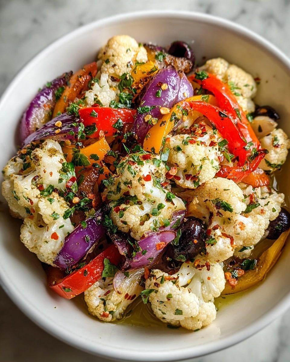 A white bowl filled with a colorful mix of cauliflower florets, red and yellow bell pepper strips, dark olives, and sliced purple onions, all coated in a light, glistening oil and sprinkled with chopped green herbs and red chili flakes. The cauliflower is creamy white with a slightly browned texture, the peppers add bright red and yellow accents, and the olives provide deep dark purple tones. The green herbs are finely chopped and scattered evenly on top, while the oil pools lightly at the bottom, giving the dish a fresh and flavorful look. The bowl is set on a white marbled surface. photo taken with an iphone --ar 4:5 --v 7