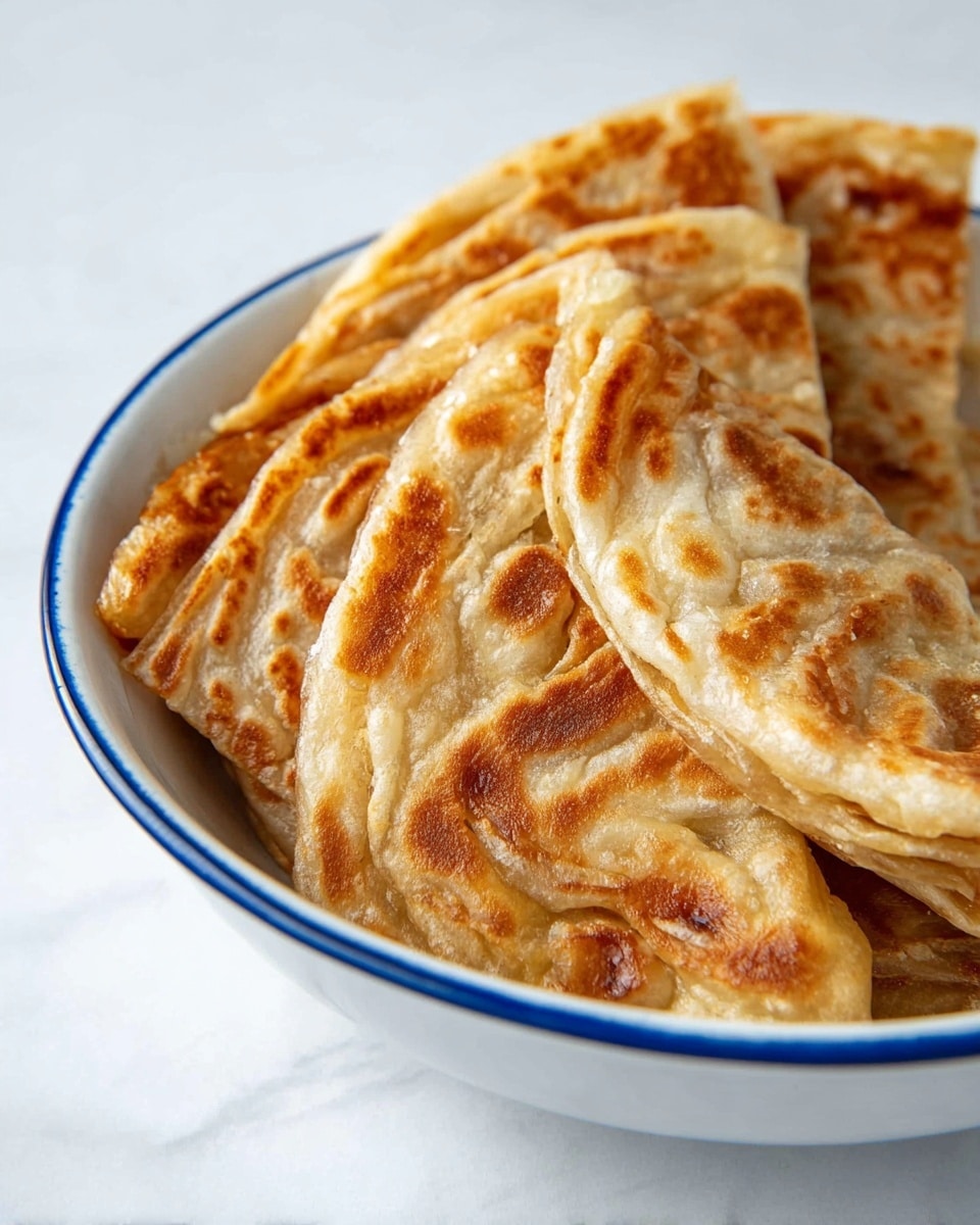 A close-up view shows several golden-brown flatbreads with flaky, layered textures, each folded in half and layered slightly on top of one another inside a white bowl with a blue rim. The flatbreads have a cooked pattern of light and darker browns, giving them a crispy and soft look. The bowl sits on a white marbled surface, adding a clean and simple background to the warm tones of the flatbreads. photo taken with an iphone --ar 4:5 --v 7