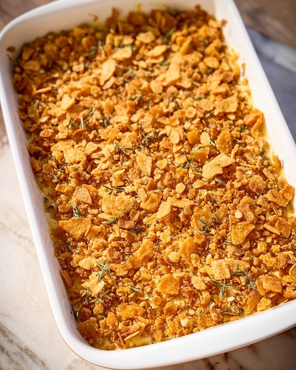 A white rectangular dish filled with a golden brown baked casserole topped with a thick layer of crushed crackers mixed with herbs. The cracker topping is crumbly and uneven, showing pieces of different sizes scattered all over, giving a crunchy texture look. Underneath, a creamy sauce layer is just visible at the edges where the topping thins out slightly. The dish sits on a white marbled surface with warm natural light highlighting the crispy top. photo taken with an iphone --ar 4:5 --v 7