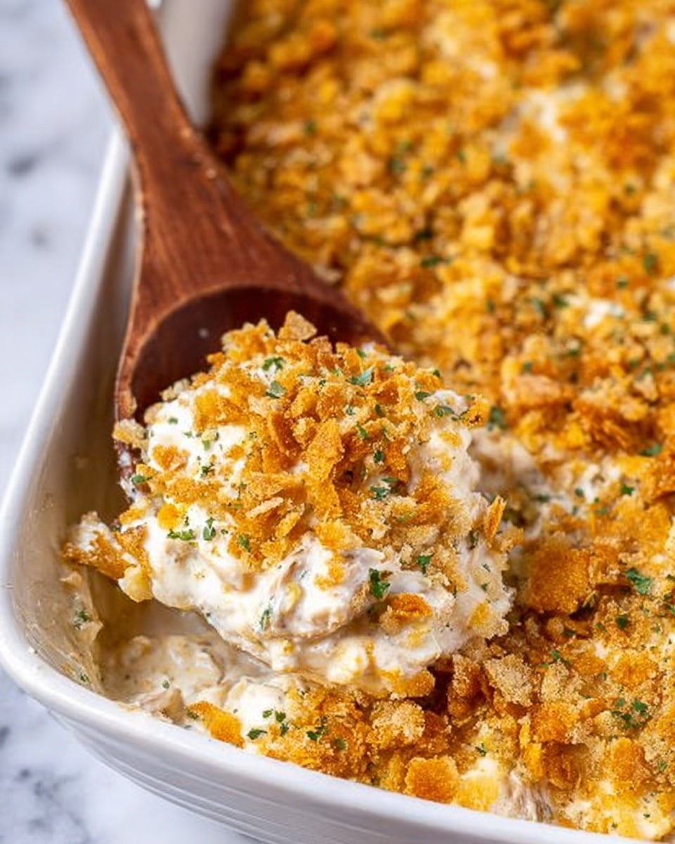 The image shows a close-up of a white casserole dish filled with a creamy, mixed casserole topped with a golden, crispy crumb layer. The top layer has crushed crackers or breadcrumbs browned to a crunchy texture and sprinkled with green herbs. Below the top, the creamy white sauce coats small pieces of cooked chicken and vegetables mixed together. A wooden spoon is scooping part of the casserole, showing the thick, rich inside layers clearly with the crumb topping scattered above. The background is a white marbled surface. photo taken with an iphone --ar 4:5 --v 7