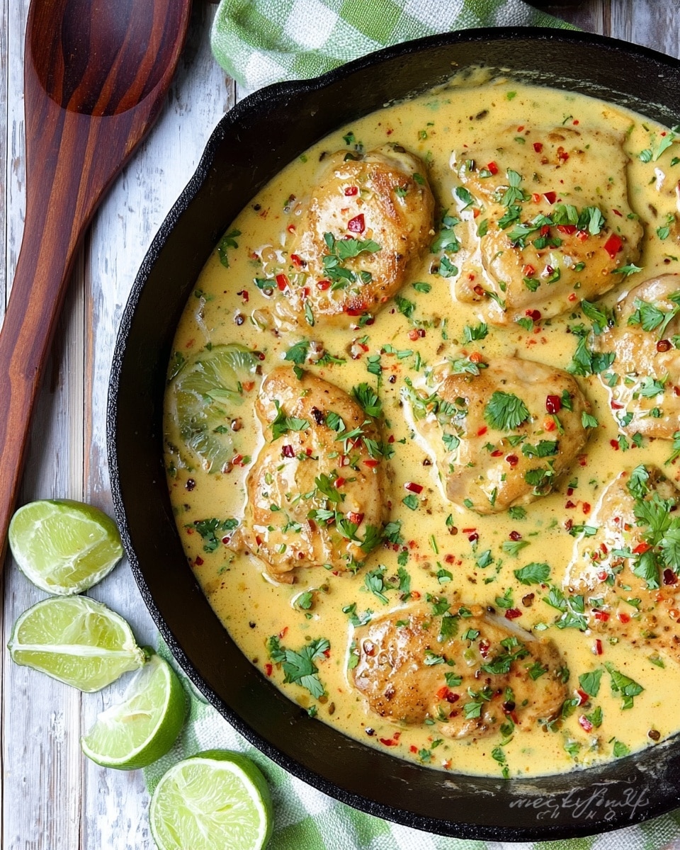 A black cast-iron pan filled with several pieces of chicken covered in a creamy yellow sauce with visible small bits of red chili flakes and finely chopped onions. Fresh green chopped cilantro leaves are sprinkled evenly on top of the sauce, adding a touch of color contrast. The pan sits on a wooden surface with white marbled texture partially covered by a light green and white checkered cloth. Around the pan, there are lime halves and wedges placed casually. A dark wooden spoon rests near the pan. Photo taken with an iphone --ar 4:5 --v 7