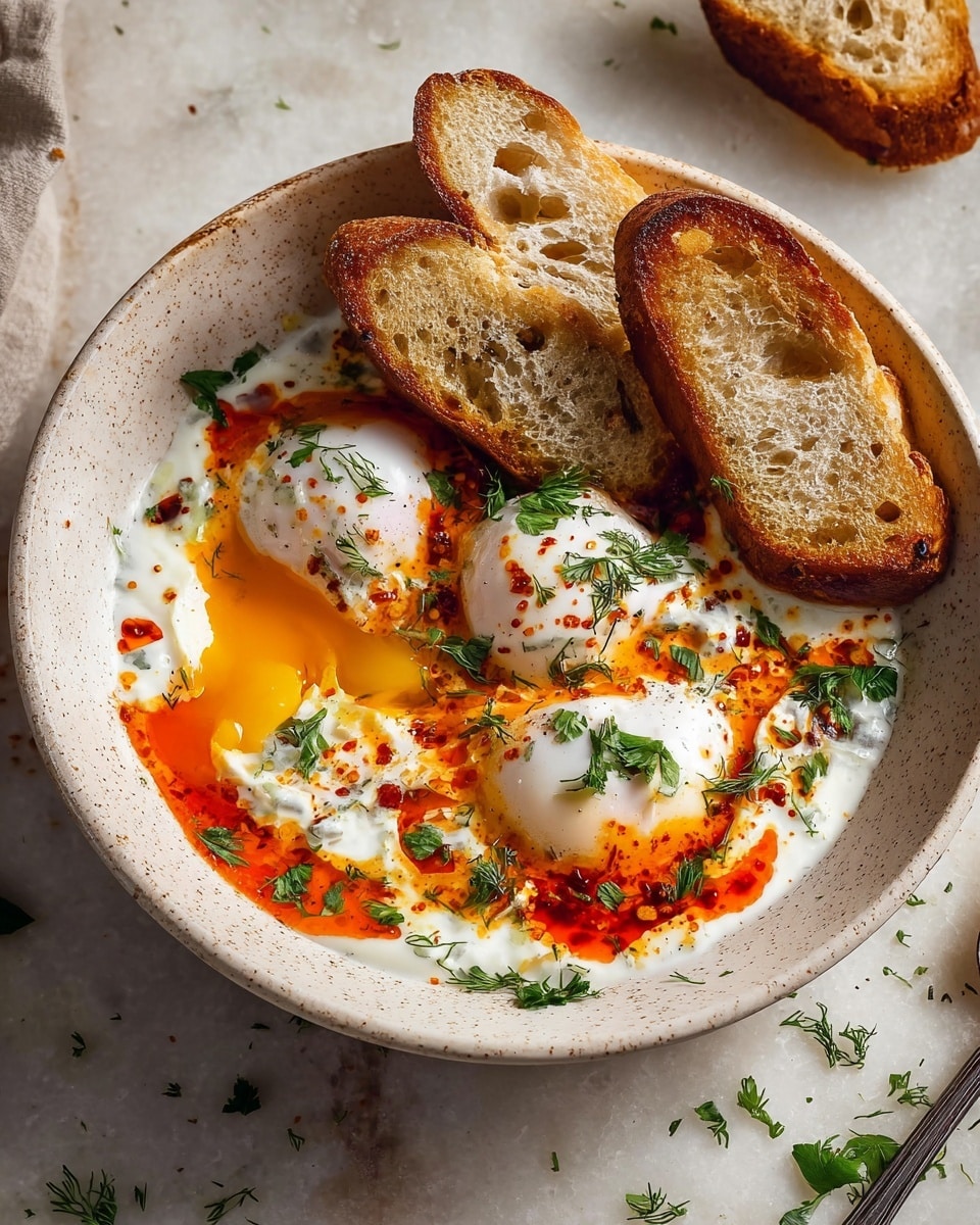 A white speckled bowl holds a dish with three poached eggs resting on a creamy white yogurt sauce. The eggs are topped with a bright red-orange chili oil drizzle and scattered green herbs, adding color contrast. One egg is cut open, showing a rich golden-yellow yolk spilling onto the sauce. On the right side inside the bowl, there are three toasted slices of golden-brown crusty bread, slightly overlapping. The bowl sits on a white marbled surface with some green herb bits scattered nearby and a silver vintage spoon partially visible beside it. photo taken with an iphone --ar 4:5 --v 7
