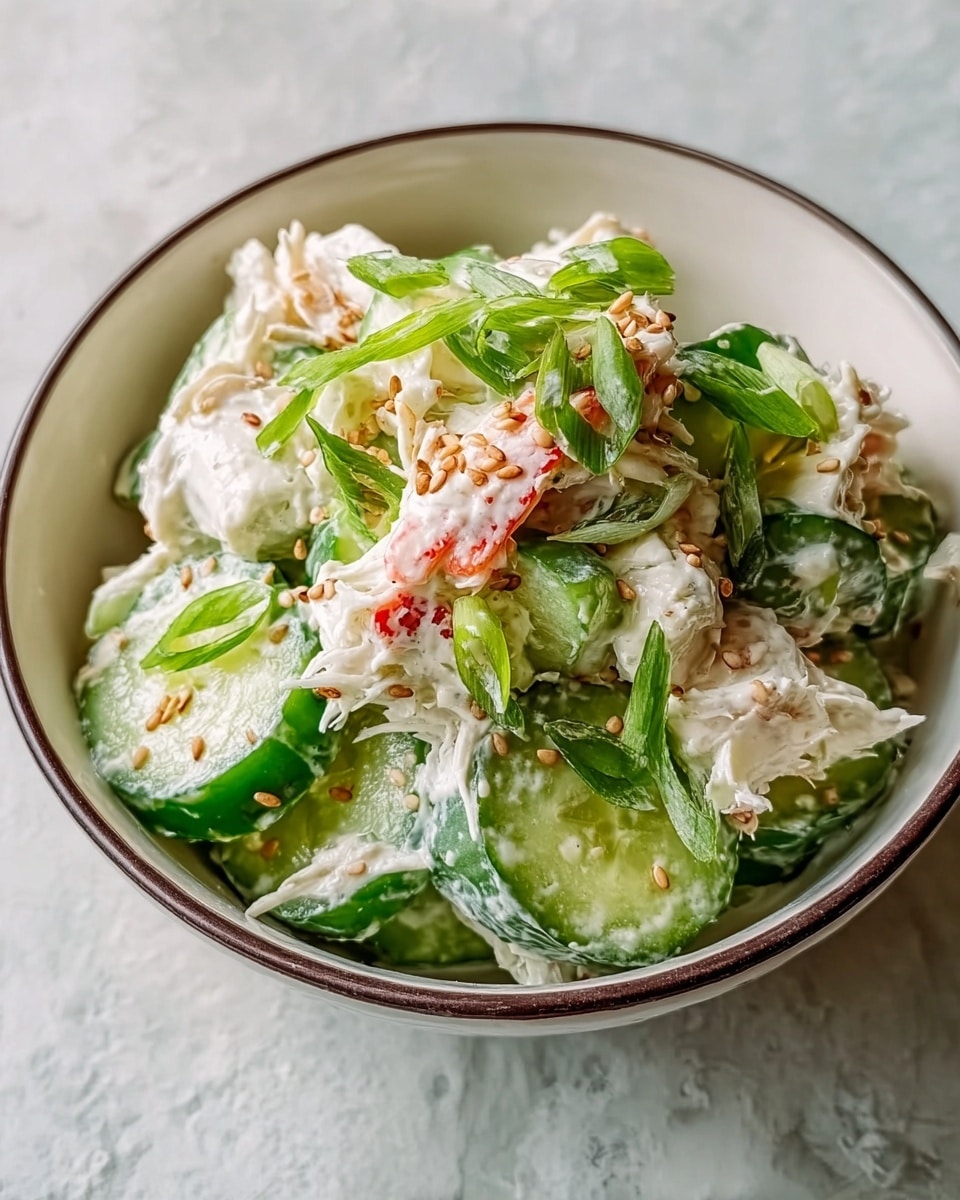A close-up of a white bowl filled with a layered salad, the bottom layer is chopped bright green cucumbers with a fresh, crunchy texture, topped with pieces of white crab meat with red accents, adding a soft texture. Scattered over the salad are small sesame seeds giving a light tan color and tiny green sliced scallions adding brightness and freshness. The bowl sits on a white marbled surface. photo taken with an iphone --ar 4:5 --v 7
