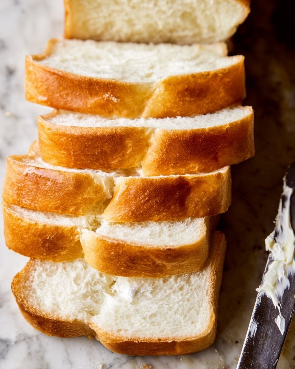 A close-up view of a golden brown, baked bread loaf held by a woman's hand. The loaf has a smooth, shiny crust with a light cut or slash near the center showing soft, pale inner bread. The edges of the loaf appear slightly puffed and crusty. The background shows a soft focus with a white marbled texture. Photo taken with an iphone --ar 4:5 --v 7