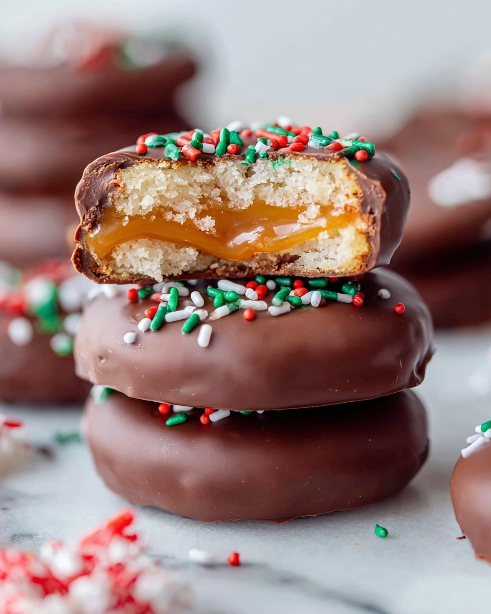 A close-up of three round sandwich cookies stacked on top of each other on a white marbled surface, each cookie coated in smooth milk chocolate. The top cookie is bitten, revealing three layers inside: a light crumbly beige biscuit, a gooey golden caramel layer in the middle stretching slightly, and a thin chocolate bottom layer. The top chocolate layer is decorated with small red, green, and white sprinkles. More sprinkles are scattered around the stack, adding a festive look. In the background, softly blurred chocolate cookies create depth. photo taken with an iphone --ar 4:5 --v 7