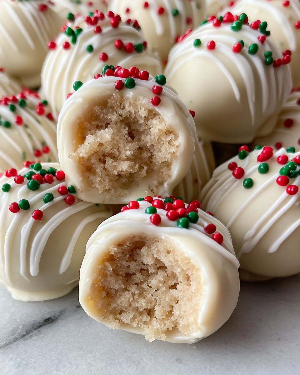 A close-up of smooth, round white truffle balls with a creamy texture, each coated in white chocolate. The truffles are decorated with white chocolate drizzle lines evenly spaced over the top and sprinkled with small red and green round sprinkles to add a festive touch. One truffle is broken in half near the center, showing a crumbly, light beige inside with a soft texture. The truffles sit piled on a white marbled surface, with the focus sharp on the front truffles and softening towards the back. photo taken with an iphone --ar 4:5 --v 7