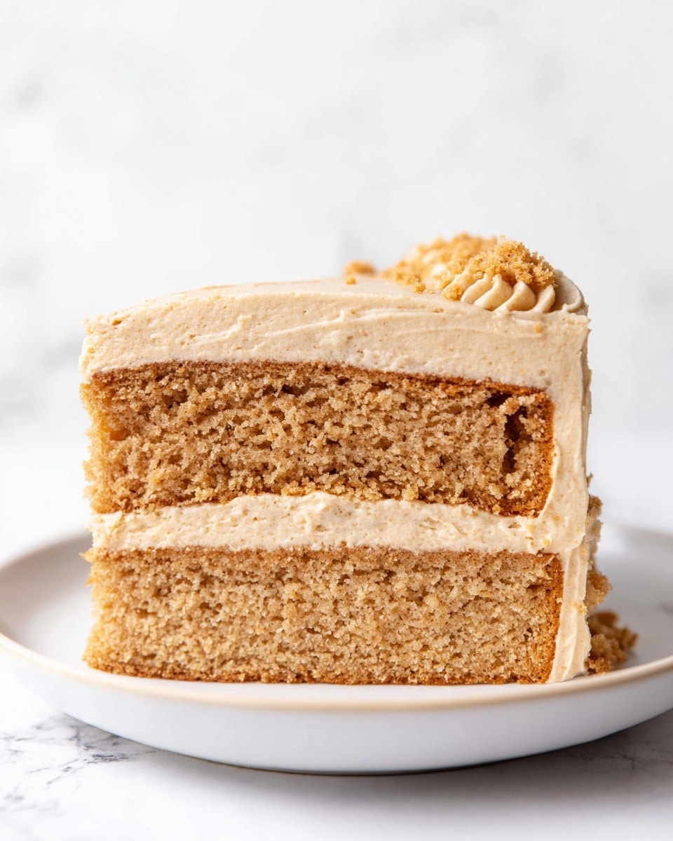 A slice of two-layer cake sits on a white plate against a white marbled background. The bottom layer is a light brown, moist cake with a slightly grainy texture. Above this is a medium-thick layer of smooth, lighter brown frosting mixed with some crumbs. The top layer is another thick slice of the same light brown cake, topped with a thin, even layer of creamy, light brown frosting that looks soft and fluffy. Small crumb bits decorate the top edge. The photo is taken with an iphone --ar 4:5 --v 7