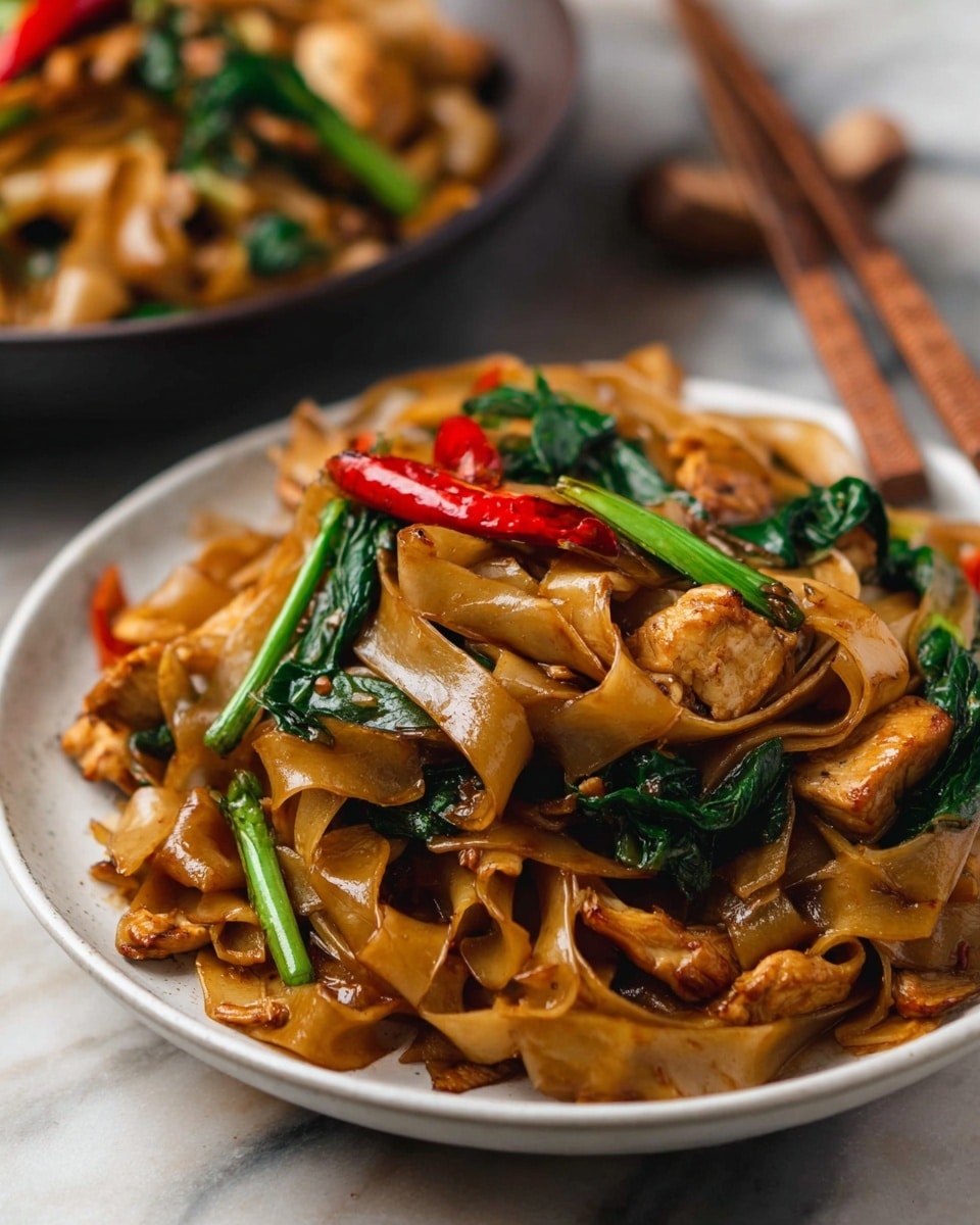 A close-up of a plate of stir-fried wide rice noodles with chicken, showing thick, glossy brown noodles mixed with pieces of golden-brown cooked chicken, bright green leafy vegetables, and long green strips, along with some whole red chili peppers on top. The noodles are shiny and coated with sauce, layering over the chicken and greens, all served on a white round plate with wooden chopsticks placed beside it on a white marbled surface. Another bowl of the same dish is blurred in the background. Photo taken with an iphone --ar 4:5 --v 7
