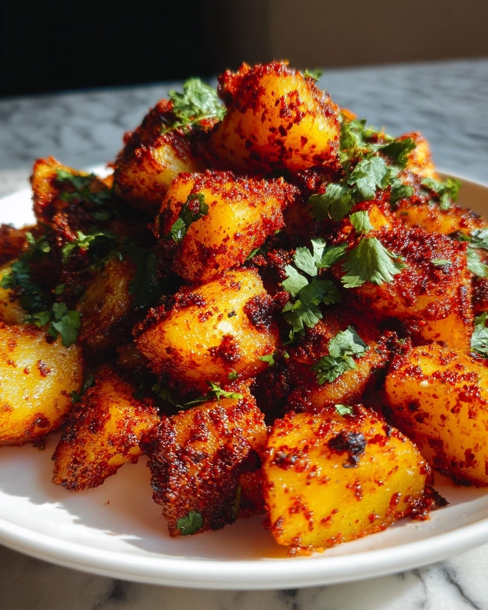 The image shows a white plate piled high with golden-yellow potato cubes coated in a rich, dark red, crispy spice mix, with a slightly oily texture that glistens in the light. The potatoes are evenly coated with this spicy crust and topped with fresh green cilantro leaves, adding a pop of color and freshness. The potato cubes have a rough, crunchy surface with some parts showing a soft, lighter yellow inside. The setting has a white marbled texture in the background, with natural light creating shadows and highlights that enhance the vivid colors and crispy texture of the dish. photo taken with an iphone --ar 4:5 --v 7