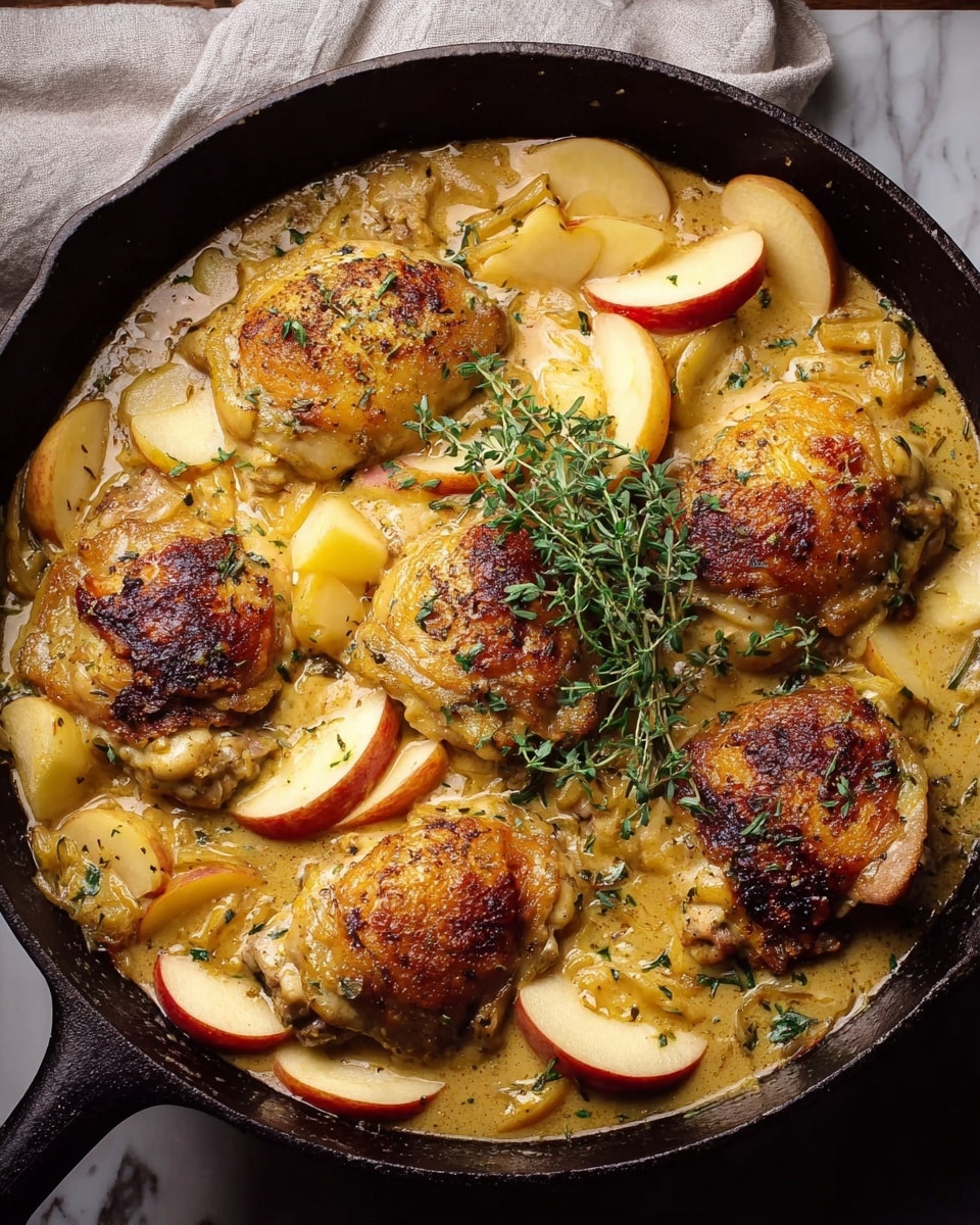 A black cast iron pan filled with five golden-brown chicken thighs with crispy, slightly charred skin on top, sitting in a creamy light brown sauce with visible herbs and seasoning. Around the chicken are soft, pale yellow apple slices with red skin edges and translucent cooked onions mixed into the sauce. A sprig of fresh green thyme rests on top of the chicken in the center. The pan sits on a white marbled surface with part of a light gray cloth visible underneath. photo taken with an iphone --ar 4:5 --v 7