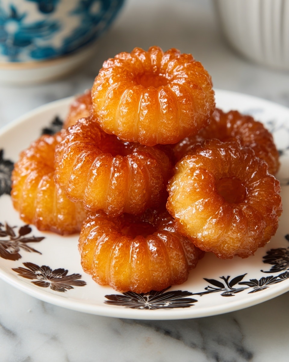 A white plate with a black floral pattern holds a small pile of shiny, golden-brown sweets shaped like round, ridged discs with a hollow center. Each piece has a glossy, syrup-coated texture that makes the ridges catch the light. The sweets are stacked closely in the center of the plate, showcasing their detailed, ridged design on the top and sides. The background is a white marbled texture with a blurred blue and white patterned object partially visible. Photo taken with an iphone --ar 4:5 --v 7