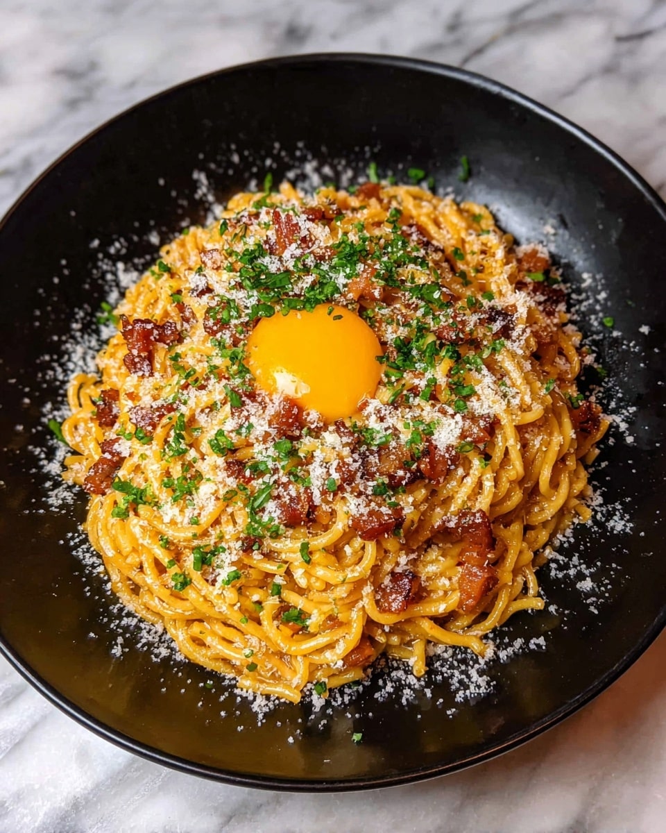 A round mound of cooked curly noodles coated in a shiny, light orange sauce fills a white bowl with a smooth texture. At the center of the noodles is a bright yellow raw egg yolk, surrounded by small, crispy brown bacon pieces scattered throughout. Finely chopped green herbs sprinkle over the entire dish, along with light white grated cheese creating a delicate layer on top and around the yolk. The bowl sits on a white marbled surface. photo taken with an iphone --ar 4:5 --v 7