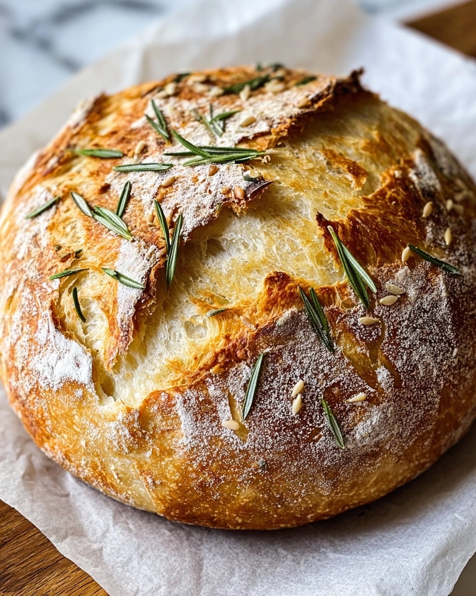 A round loaf of bread with a golden-brown crust sits on a piece of white parchment paper on a white marbled surface. The crust is cracked in places showing the soft, light beige inside. Scattered on top are small green rosemary leaves and a few sesame seeds. The bread also has areas of flour dusting the crust, creating a slightly textured look. Photo taken with an iphone --ar 4:5 --v 7
