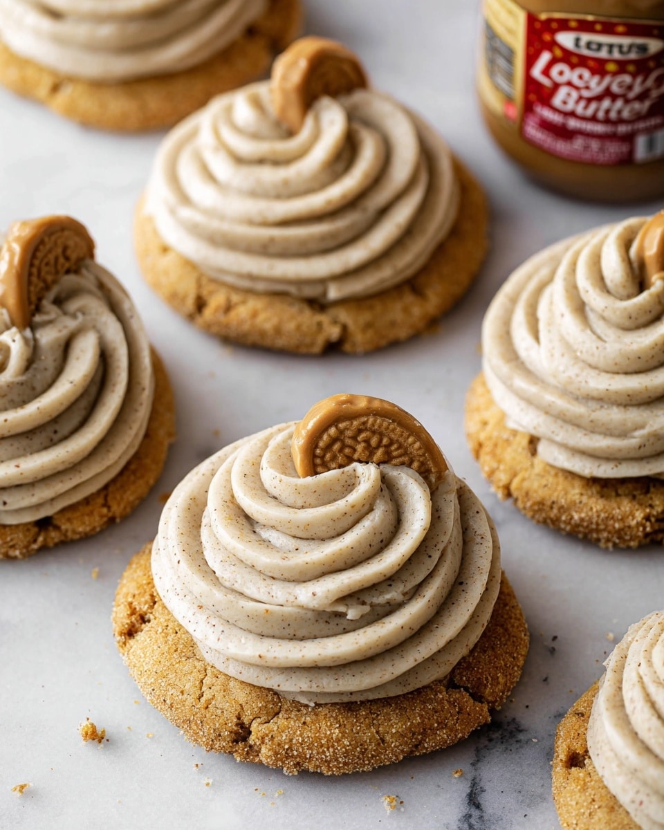 This image shows several thick cookies topped with a swirl of light brown creamy frosting that has visible specks in it. Each cookie has two layers: the bottom layer is a soft, chunky cookie with a golden-brown, slightly crumbly texture, and the top layer is a smooth, soft frosting swirled in a spiral shape. On top of each cookie, there is a small rectangular cookie piece that is light brown, adding a textured decoration. One cookie at the front has a bite taken out of it, revealing the dense inside with small white chunks. The cookies sit on a white marbled surface. photo taken with an iphone --ar 4:5 --v 7