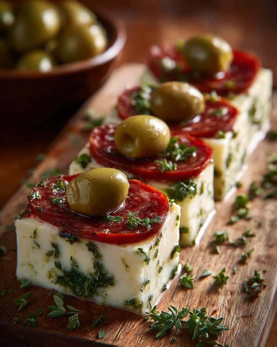 The image shows four rectangular blocks of white cheese with green herb flecks throughout, each topped with several thin red slices of cured meat arranged neatly, and two or three shiny green olives placed on top. The cheese blocks sit in a row on a wooden board with some scattered fresh herbs around them. In the background, there is a blurred bowl filled with similar green olives. The overall scene is warm with natural lighting, and the texture of the cheese looks smooth and moist while the meat is glossy and slightly oily. photo taken with an iphone --ar 4:5 --v 7