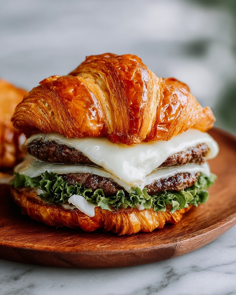 The image shows a layered croissant sandwich placed on a wooden plate set on a white marbled surface. The sandwich has a glossy, golden brown croissant top layer with a flaky texture. Below it, there is a thick, melted white cheese layer covering two dark brown, slightly crispy meat patties. Under the patties, there is a vibrant green leafy lettuce layer and a hint of white onion slices just above the bottom croissant layer, which has the same flaky golden brown texture as the top. The whole sandwich looks fresh and rich with detailed textures on each layer. Photo taken with an iphone --ar 4:5 --v 7