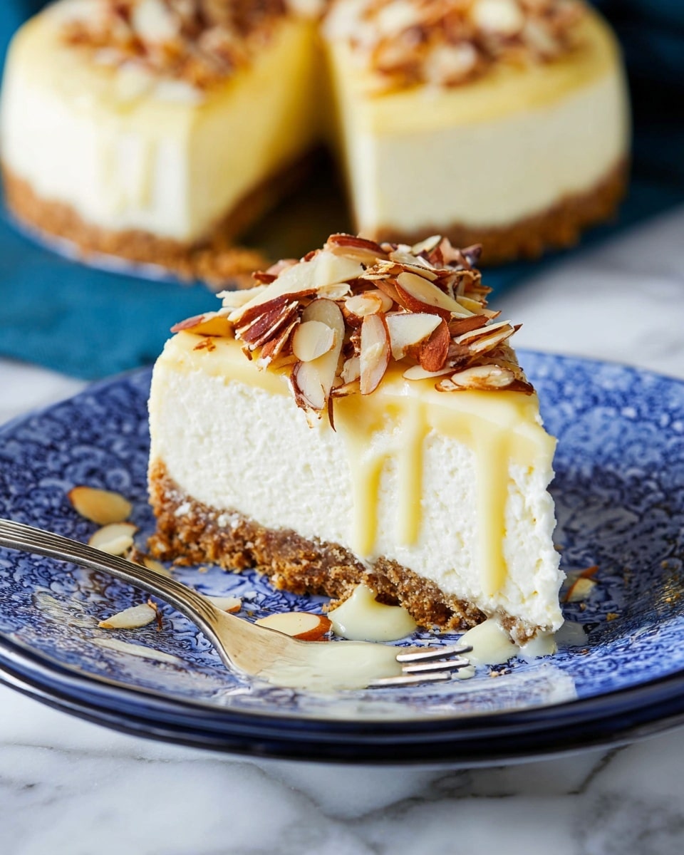 A slice of cheesecake with three visible layers sits on a white plate with a blue pattern. The bottom layer is a dense, brown crust. The middle layer is thick and creamy white cheesecake filling, smooth in texture. The top layer is a thin, light yellow glaze or sauce. On top of the slice, there are toasted almond slices scattered, some drizzled with a light cream sauce that also spills onto the plate. A silver fork rests next to the cheesecake slice on the plate. The background is a white marbled texture with a whole cheesecake slightly out of focus in the distance. photo taken with an iphone --ar 4:5 --v 7