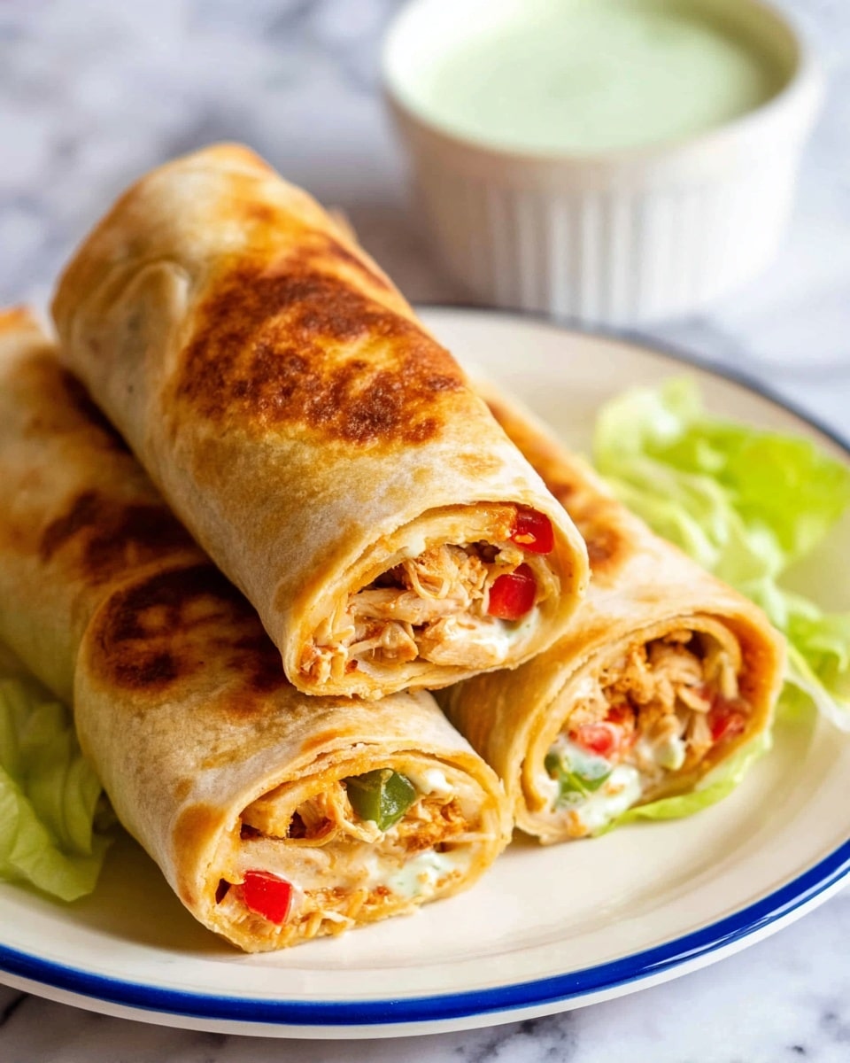 This image shows three golden brown rolled wraps stacked on a white plate with a navy blue rim, placed on a white marbled surface. Each wrap has a crispy outer layer with light brown patches and is filled with a mixture of shredded chicken, small red and green bell pepper pieces, and creamy sauce, visible at the cut ends. There is a bit of fresh green lettuce under the wraps on the plate. In the background, slightly out of focus, there is a white cup filled with a light green creamy dip. Photo taken with an iphone --ar 4:5 --v 7