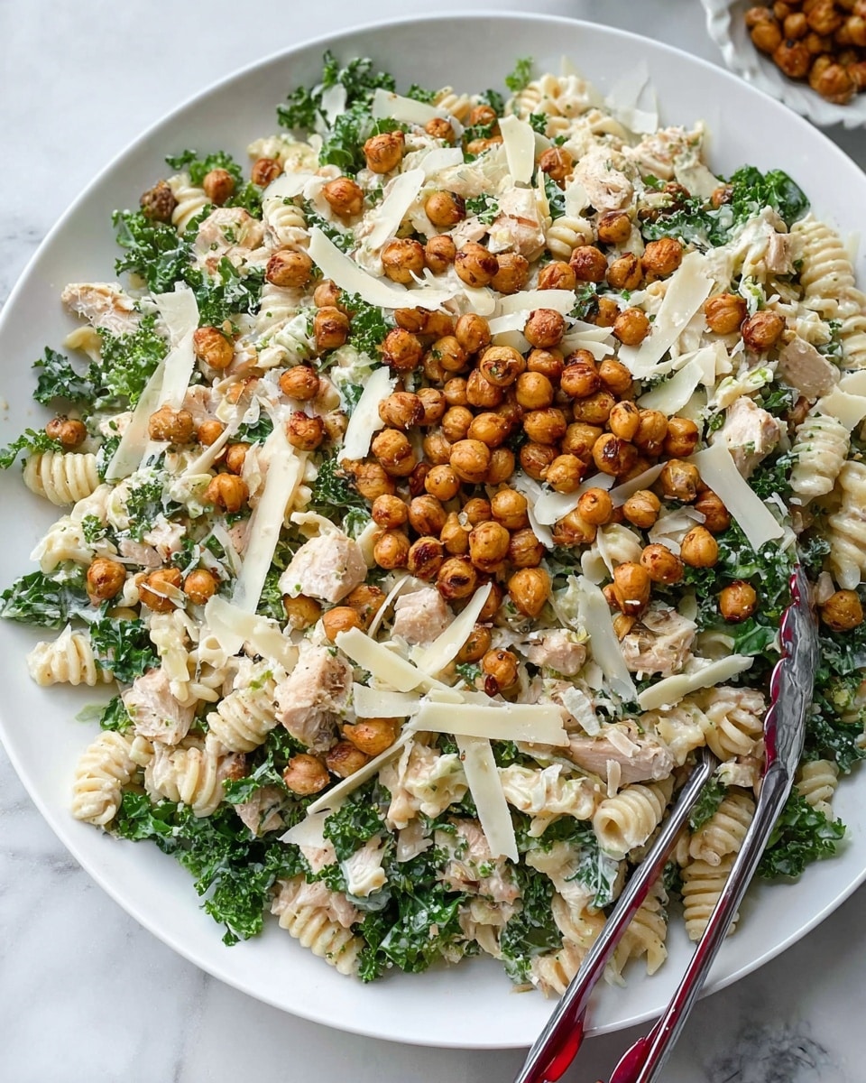 A large white plate is filled with a creamy pasta salad that has several layers and colors. The first layer is short, ridged pasta in a pale cream color mixed evenly with chopped green kale leaves. Scattered throughout the salad are small chunks of light brown cooked chicken. On top of this is a generous layer of round, roasted chickpeas that are golden to dark brown, adding a crunchy texture. Shavings of pale yellow cheese are spread over the top, adding a thin and irregular layer. A pair of red and silver tongs rest on the right side of the plate, partially submerged in the salad. The background is a white marbled texture. photo taken with an iphone --ar 4:5 --v 7