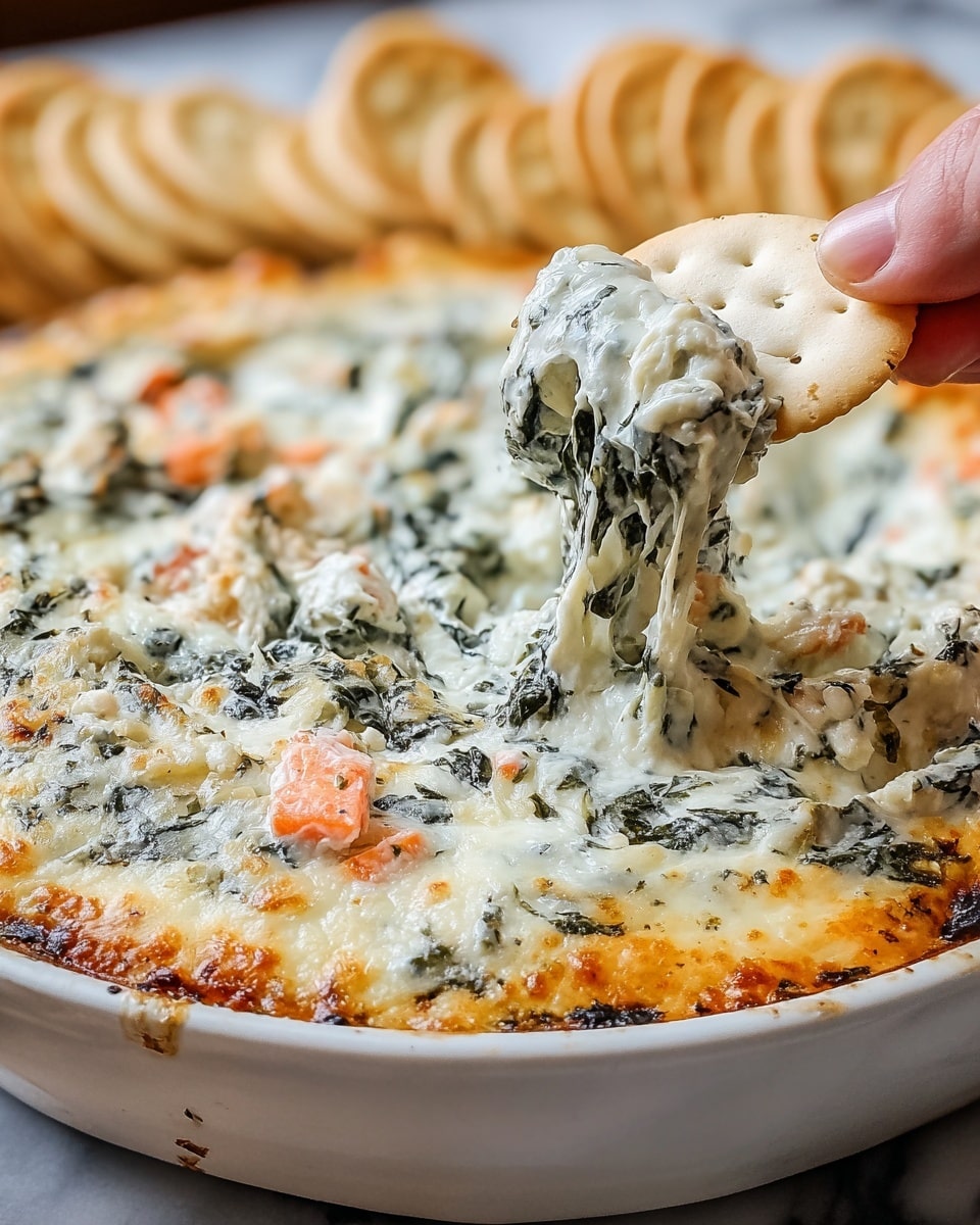 A white dish holds a creamy, thick dip with visible layers of melted white cheese mixed with dark green spinach leaves and small bright orange pieces of carrot scattered throughout. The surface shows a slight golden crust around the edges. A white cracker is dipping into the mixture, lifted by a woman's hand, pulling a stretchy, gooey fiber of melted cheese. More white crackers are arranged in the background on a white marbled texture surface. photo taken with an iphone --ar 4:5 --v 7