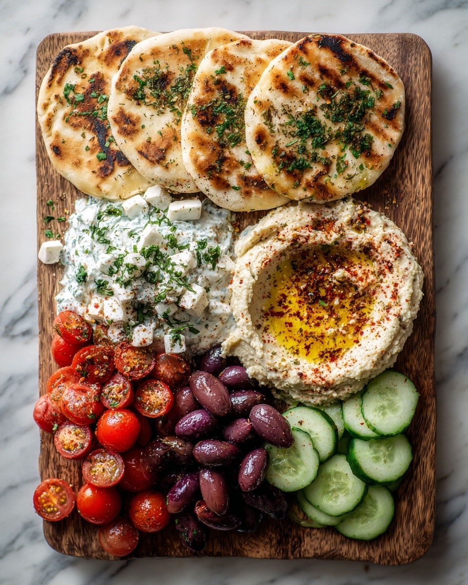 A wooden board holds a colorful spread of Mediterranean food on a white marbled surface. At the top are four round pieces of flatbread with a golden-brown grilled texture and a sprinkle of green herbs on top. Below and slightly to the left is a creamy white layer of thick yogurt mixed with herbs, topped with small white cheese cubes and a drizzle of olive oil. To the right of the yogurt is hummus with a smooth, off-white texture, shaped with a well in the center filled with golden olive oil and sprinkled with red spices and chopped herbs. Dark purple olives are piled on the right side of the board. At the bottom left are bright red cherry tomatoes, some whole and some sliced in half, with green stems. There are fresh, round slices of bright green cucumber scattered evenly between the tomatoes and yogurt and hummus. The food is fresh and vibrant, all neatly arranged for a colorful visual appeal. Photo taken with an iphone --ar 4:5 --v 7